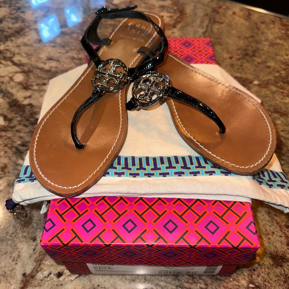 Tory Burch Black Patent Stone Thong Sandals - Size 9